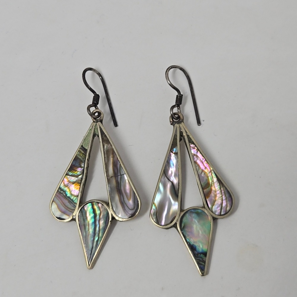 Vintage Alpaca Mexico Abalone Shell Inlay Geometric Teardrop Dangle Earrings